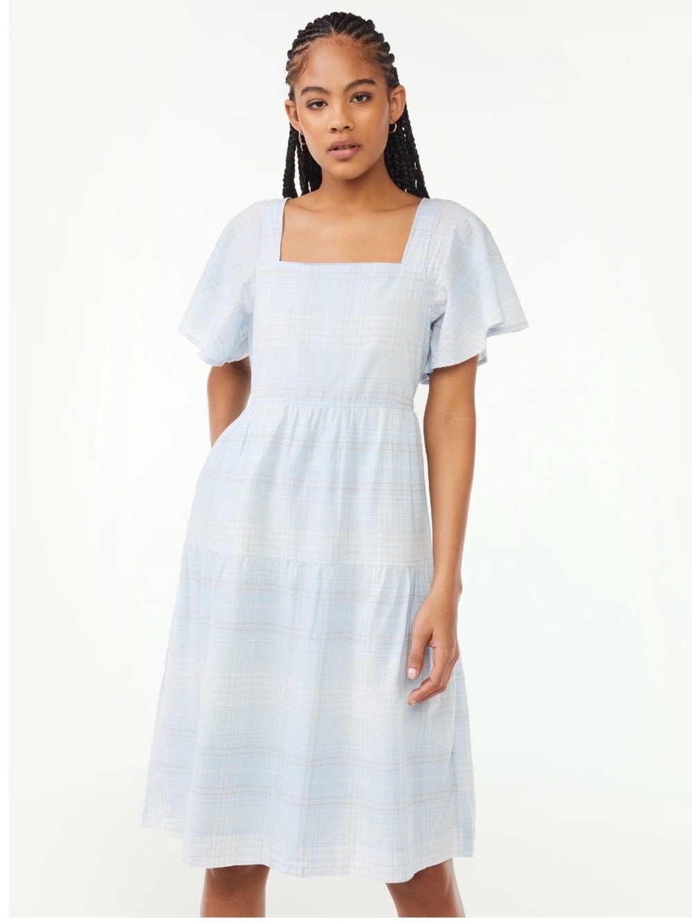 free assembly Blue Flutter Sleeve Midi Sundress with Square Neck 🤍Size L
